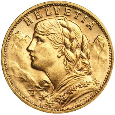 Moneda de Oro 20 Francos-Suiza-Vreneli-Varios Años