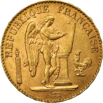 Moneda de Oro 20₣ Francos-Francia-3ª República-Ángel Afortunado-1870-1940