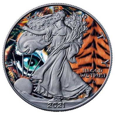 Moneda de Plata 1$ Dollar-USA-1 oz.-American Eagle-2021-Tiger, Art Color Collection.