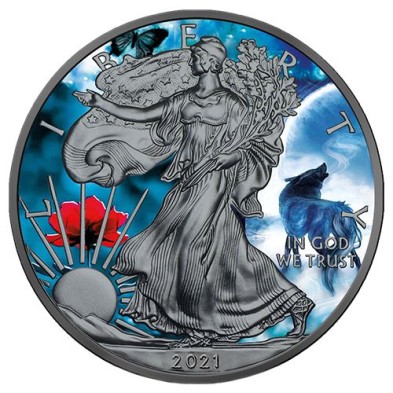 Moneda de Plata 1$ Dollar-USA-1 oz.-American Eagle-2021-Wolf, Art Color Collection.