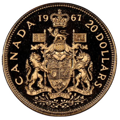 Moneda de Oro 20$ Dollar-Canadá-1967