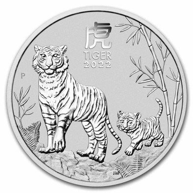 Moneda de plata 2$ Dollars - Australia - 2 oz - Serie Lunar Tigre (Tiger) - 2022- Segunda Mano