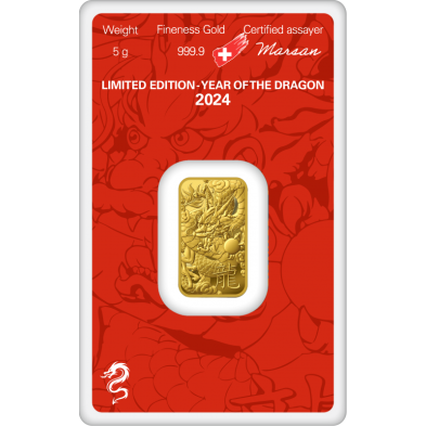 Lingote Oro 5 gramos-Año del Dragón-Argor-Heraeus