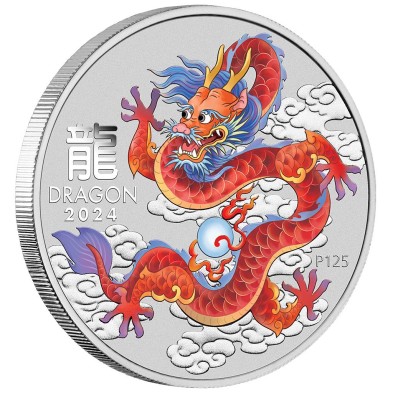 Moneda de Plata 1$ Dollars-Australia-1 oz-Serie Lunar III-Red Dragon-Color-2024