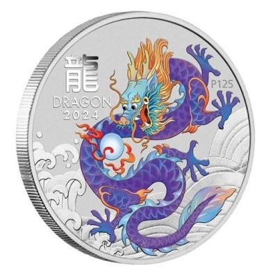 Moneda de Plata 1$ Dollars-Australia-1 oz-Serie Lunar III-Purple Dragon-Color (blíster ilustrado)-2024