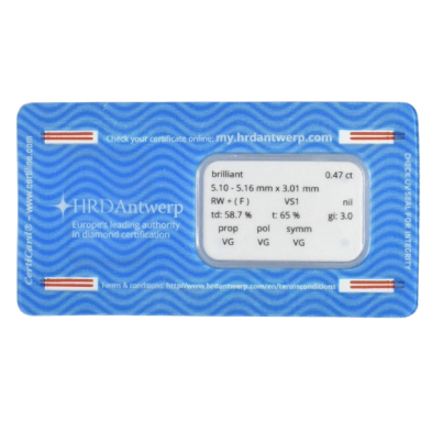 Diamante certificado talla Brillante 0.47ct (F) VS1
