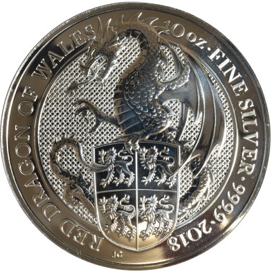 Moneda de Plata 10£ Libras-U.K.-10 Oz.-Serie Queen's Beasts- Red Dragon of Wales-2018