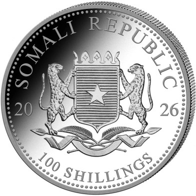 Moneda de plata 100Sh Shillings-Somalia-1 Oz.-African Wildlife-Elephant-2026 RETRASO EN LA ENTREGA 10/15 DIAS HABILES