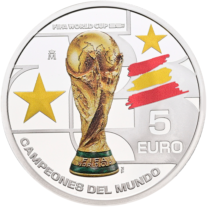 Moneda de plata 5 euros España Campeón Mundial FIFA 2026 reverso color FNMT