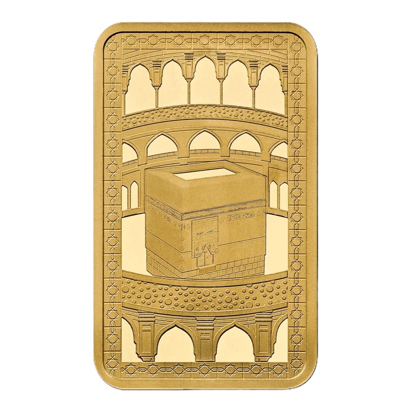Detalle del grabado en relieve estructura de la Kaaba lingote oro puro 24 quilates