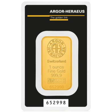 Lingote de oro 1 oz Argor Heraeus 999 9 en blister certificado con numero de serie