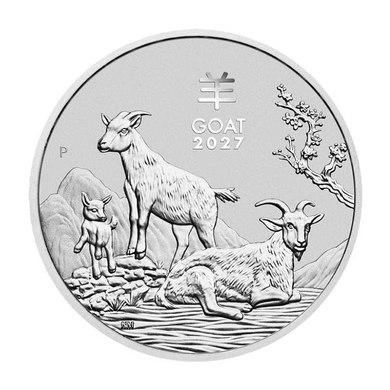 Moneda de plata Perth Mint Lunar III 2027 de 1/2 oz - Anverso con la ilustración artística del Año de la Cabra.