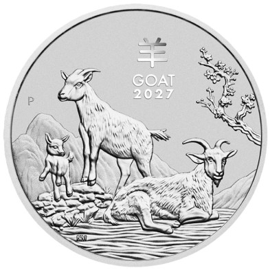 Moneda de plata Perth Mint Lunar III 2027 de 1/2 oz - Anverso con la ilustración artística del Año de la Cabra.