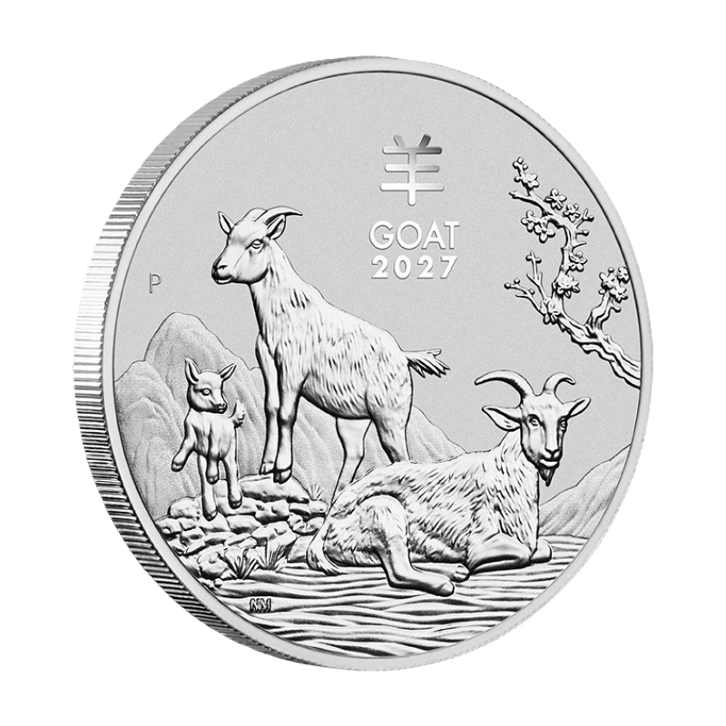 Moneda de plata Perth Mint Lunar III 2027 de 2 oz - Anverso con la artística acuñación del Año de la Cabra.