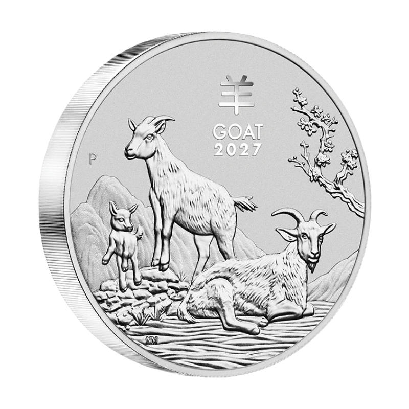 Vista de cerca del espesor, canto estriado y acabado de espejo/mate en la moneda de plata de 1 kg Perth Mint Cabra 2027.