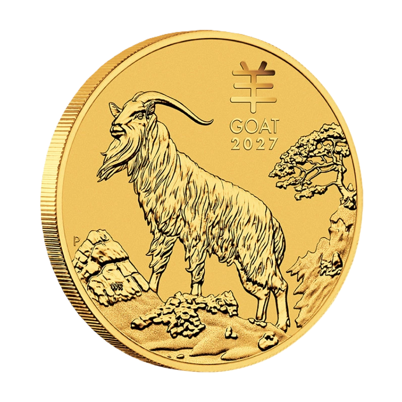 Moneda de oro Perth Mint Lunar III 2027 de 1/20 oz - Anverso con la fina acuñación del Año de la Cabra.