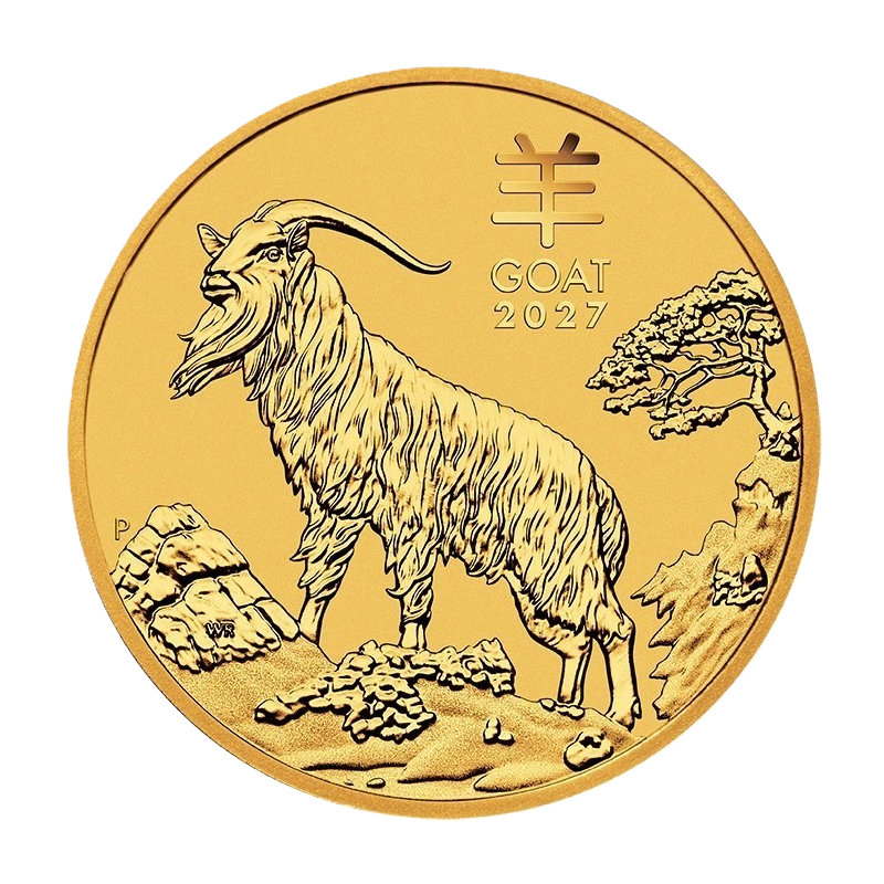 Moneda de oro Perth Mint Lunar III 2027 de 1/2 oz - Anverso con el grabado del Año de la Cabra.