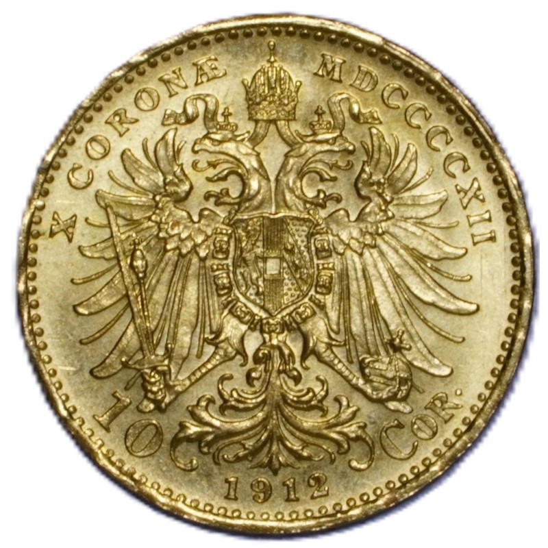 Reverso con escudo imperial aguila bicefala moneda de oro 10 Coronas austrohungaras