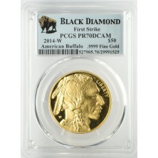 Anverso slab PCGS PR70DCAM moneda de oro 1 oz American Buffalo 2014 W First Strike