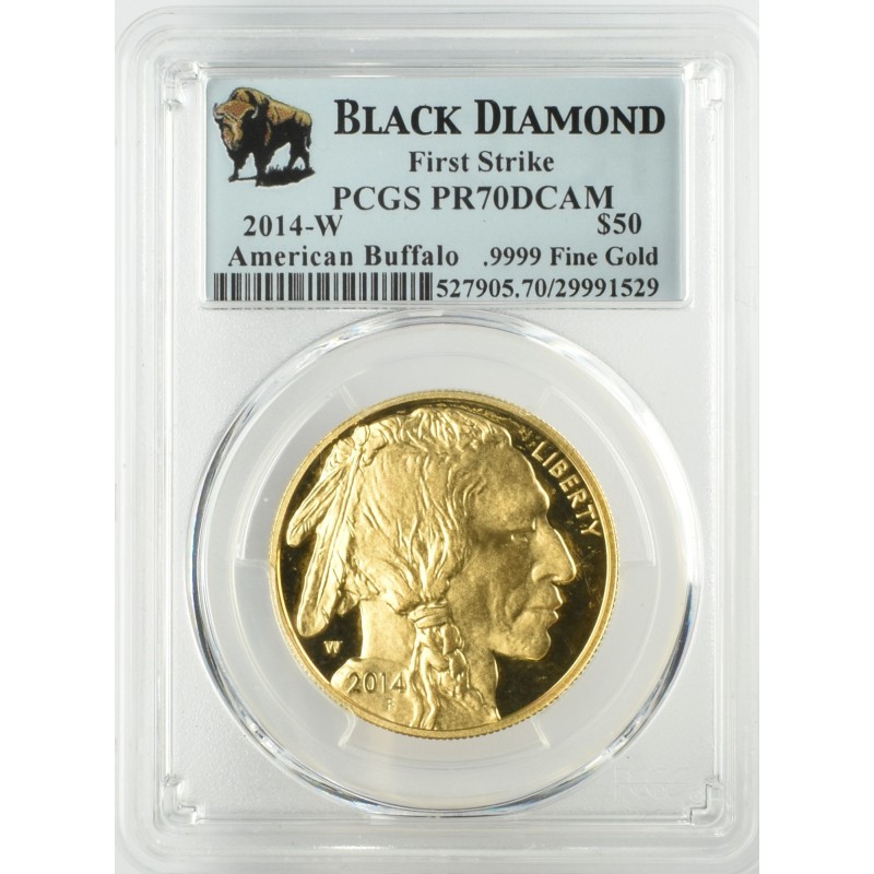 Anverso slab PCGS PR70DCAM moneda de oro 1 oz American Buffalo 2014 W First Strike