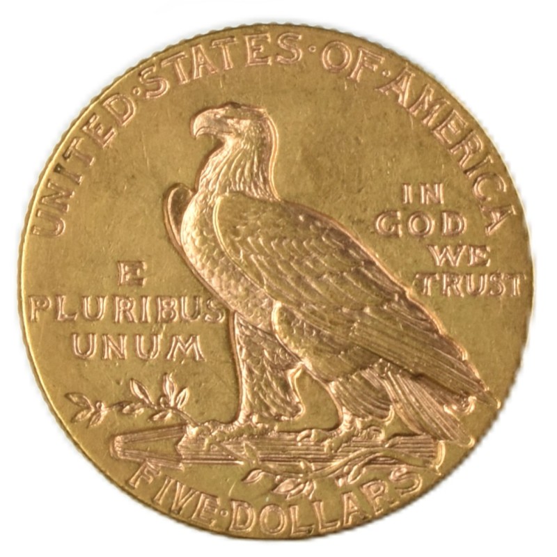 Reverso moneda de oro americana 5 dolares Half Eagle aguila parada 1909
