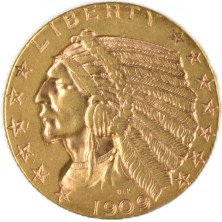 Detalle de conservacion grabado incuso moneda de oro Five Dollars USA 1909