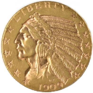 Detalle de conservacion grabado incuso moneda de oro Five Dollars USA 1909