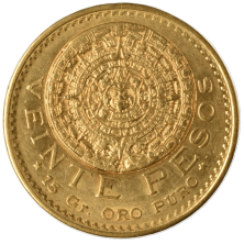Reverso moneda de oro 20 pesos Mexico Calendario Azteca Piedra del Sol 15 Gr Oro Puro