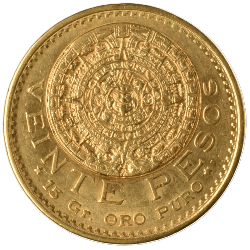 Reverso moneda de oro 20 pesos Mexico Calendario Azteca Piedra del Sol 15 Gr Oro Puro