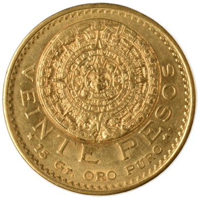 Reverso moneda de oro 20 pesos Mexico Calendario Azteca Piedra del Sol 15 Gr Oro Puro