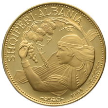 Anverso moneda de oro 100 Leke Albania 1968 alegoria vendimia mujer campesina