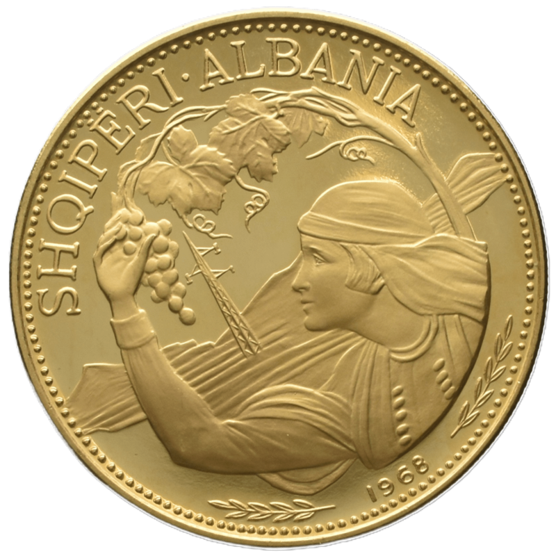 Anverso moneda de oro 100 Leke Albania 1968 alegoria vendimia mujer campesina