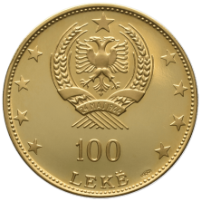 Reverso con escudo aguila bicefala y valor facial 100 Leke moneda de oro Albania 1968