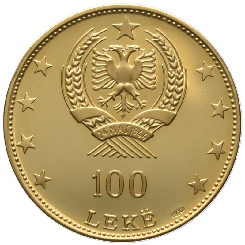 Reverso con escudo aguila bicefala y valor facial 100 Leke moneda de oro Albania 1968