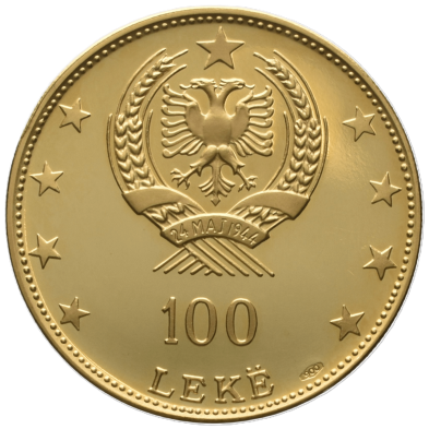 Reverso con escudo aguila bicefala y valor facial 100 Leke moneda de oro Albania 1968