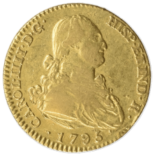 Anverso moneda de oro 2 escudos Carlos IV 1795 ceca Madrid busto con peluca
