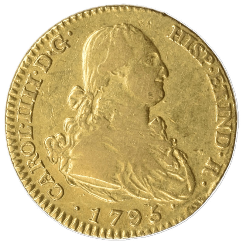 Anverso moneda de oro 2 escudos Carlos IV 1795 ceca Madrid busto con peluca