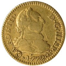 Anverso moneda de oro medio escudo 1772 Carlos III ceca Madrid busto peluca