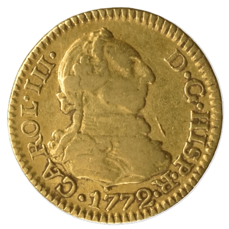 Anverso moneda de oro medio escudo 1772 Carlos III ceca Madrid busto peluca
