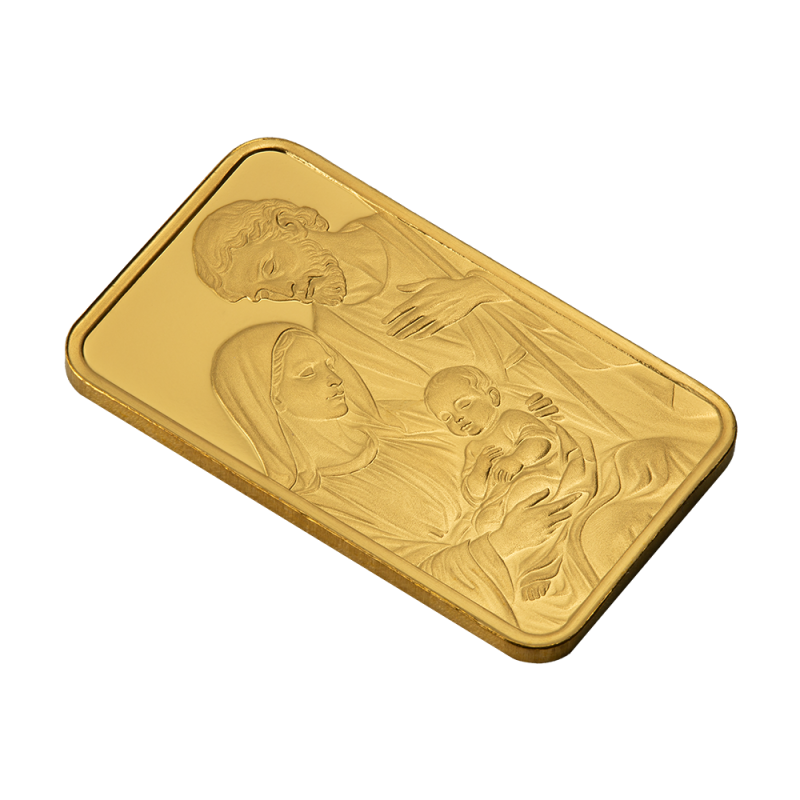 Lingote de oro 5 gramos PAMP Suiza diseno de la Sagrada Familia y el Nino Jesus La Natividad
