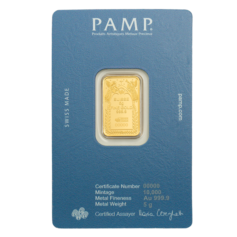 Reverso blister lingote de oro 5g PAMP con numero de serie blister oficial CertiPAMP Suisse