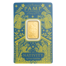 Blister lingote de oro 5 gramos PAMP Suiza diseno de la Sagrada Familia y el Nino Jesus La Natividad