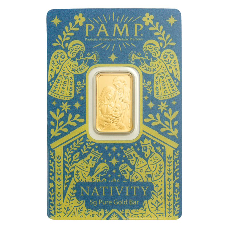 Blister lingote de oro 5 gramos PAMP Suiza diseno de la Sagrada Familia y el Nino Jesus La Natividad
