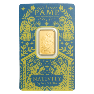 Blister lingote de oro 5 gramos PAMP Suiza diseno de la Sagrada Familia y el Nino Jesus La Natividad