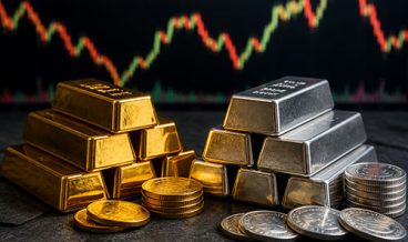 Lingotes y monedas de oro y plata junto a gráfico de precios